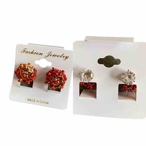 Double Sided Earrings Studs Rose Bouquet Rhinestone Red Floral